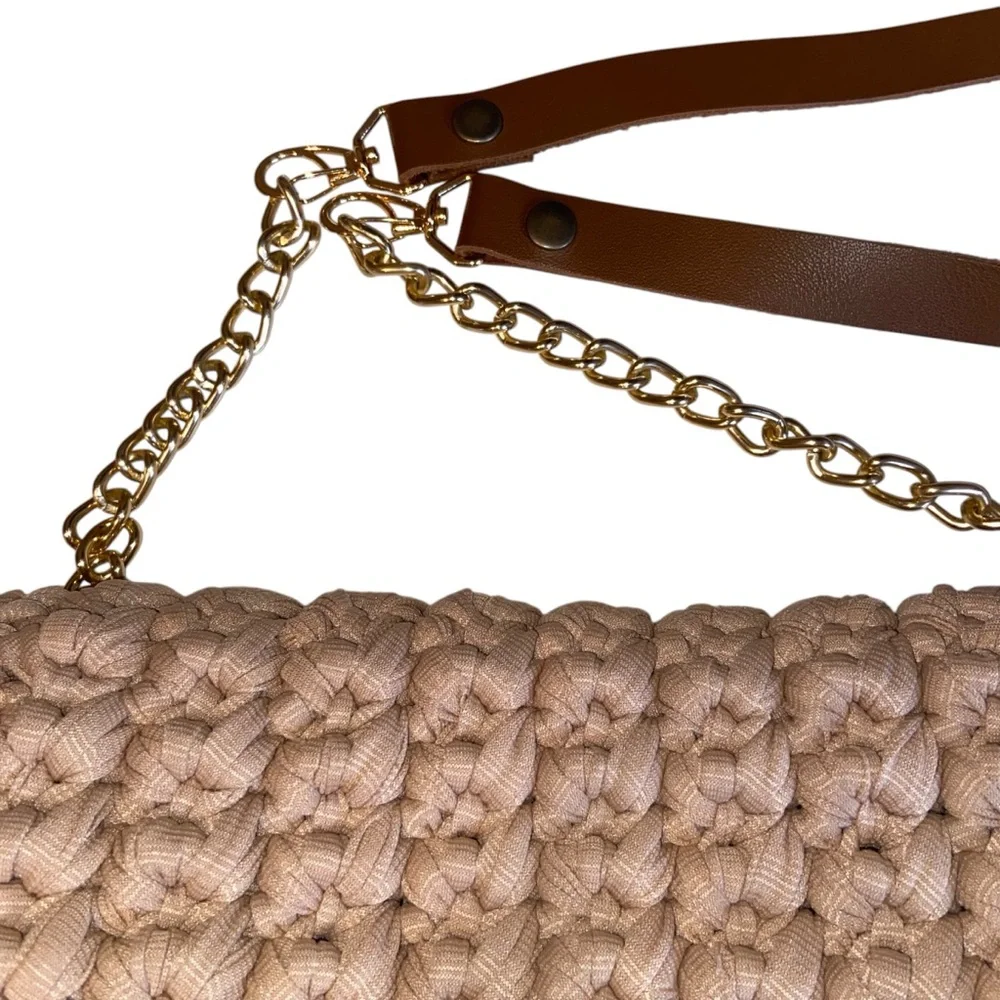 Tamille Crochet Bag Womens Purse Woven Gold Chain Leather Shoulder Strap Beige